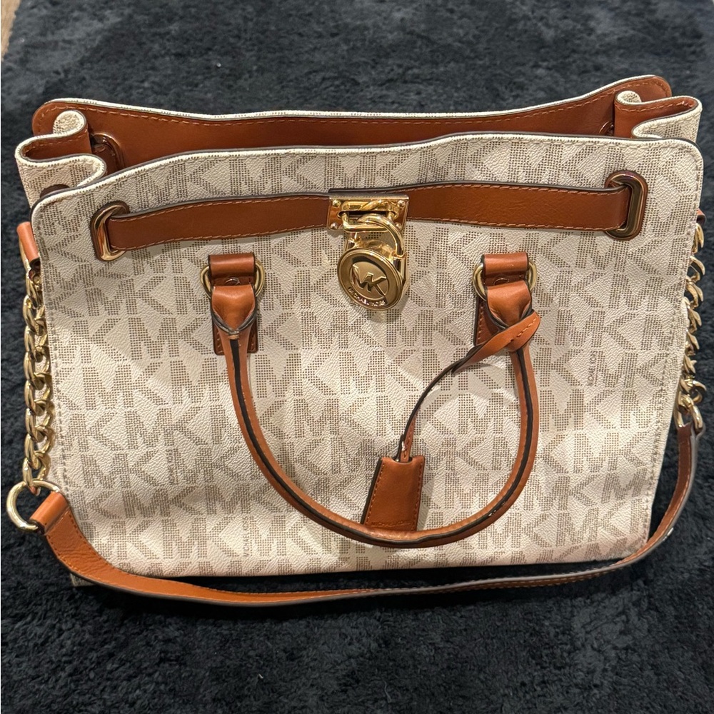 Michael Kors Brown and Cream Shoulder Bag with Gold Accents